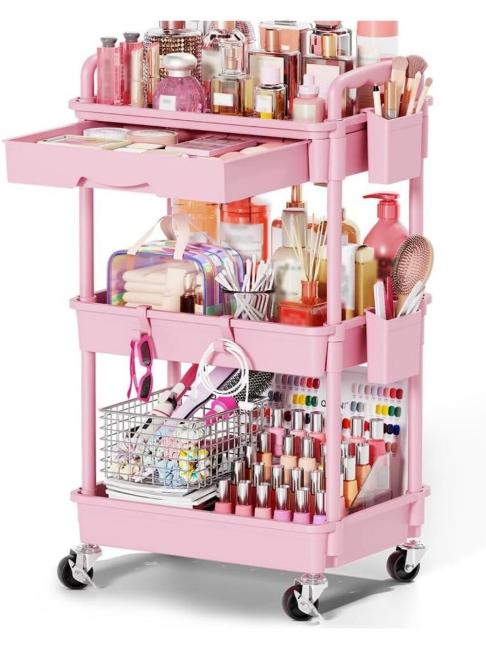 3-Tier Pink Rolling Makeup Organizer Cart with Removable Drawers for Skincare